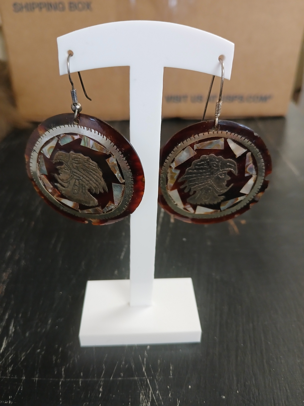 Vintage Aztec Tortoise Abalone Shell Inlay Sterling Earrings